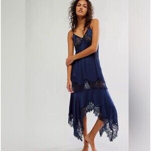 Free People Sunsetter Maxi Slip Dress XS Midnight Rain Blue Lace Satin Blue New